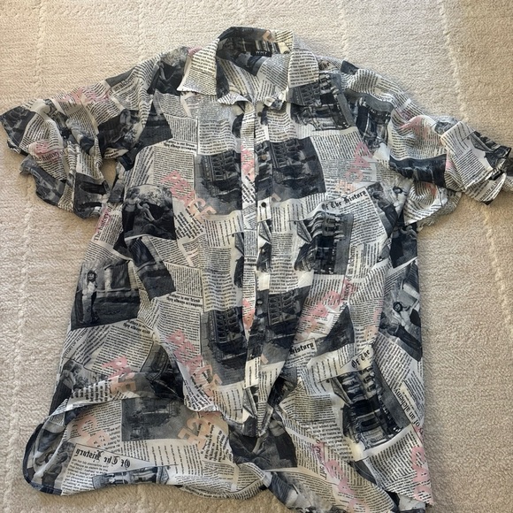 Why Dress Tops - Trendy Newspaper Print Button Down Shirt